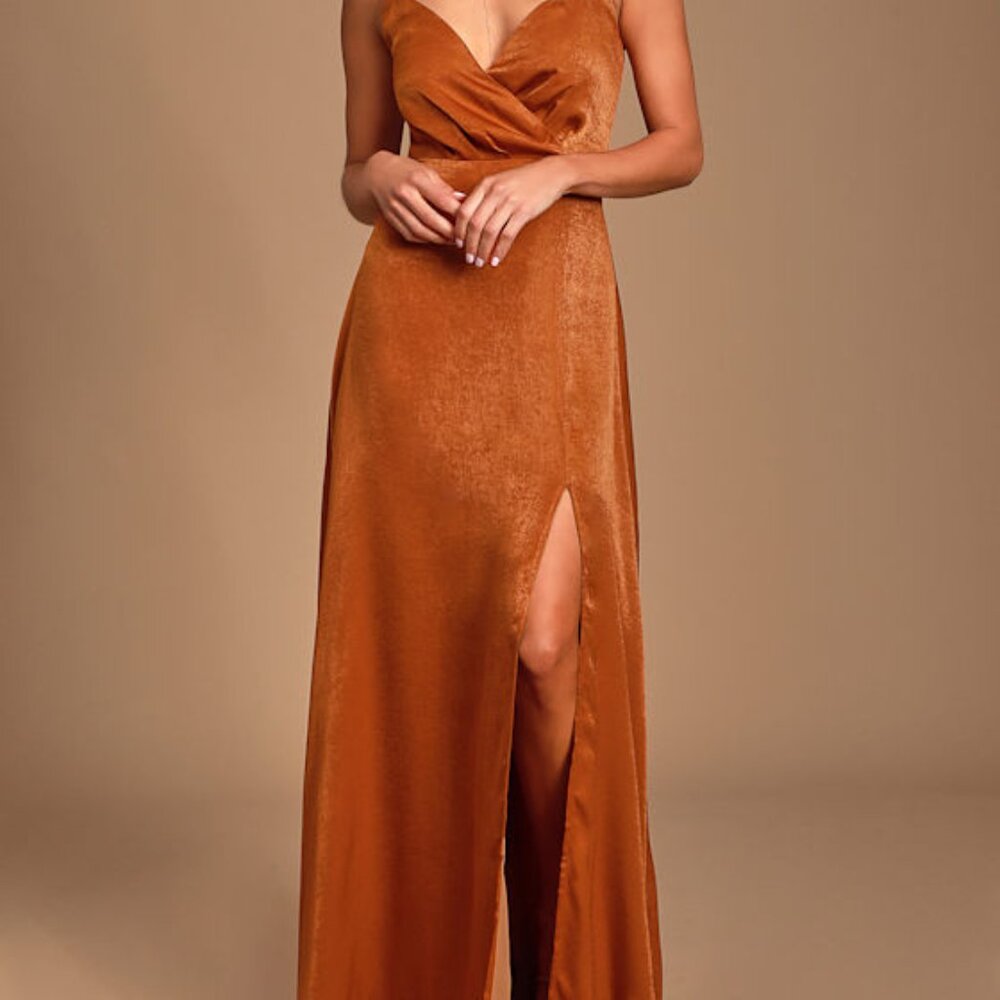 Lulus Constantine Rust Orange Satin Maxi Dress - Size XS
